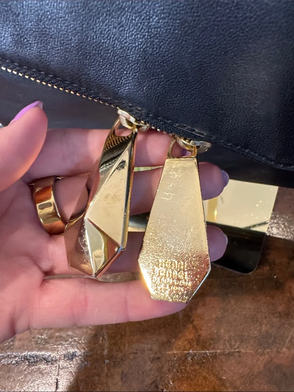 henri bendel Black Leather Fold-Over Clutch with Gold Chain